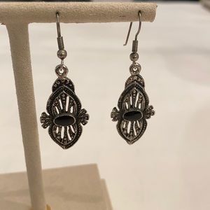 Silver Black Western Victorian Mourning Jewelry Vintage Filagree Drop Earrings